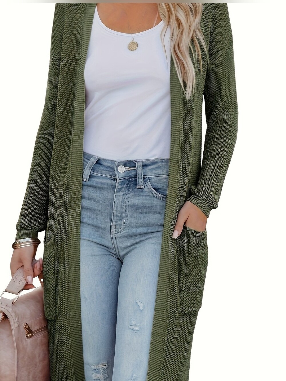 Cyrus Knits Olive Green Longline Open Cardigan Sweater with Pockets XL